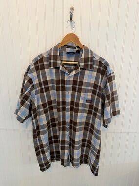 Dickies Brown and Light Blue Plaid Short-Sleeve Button-Front Shirt